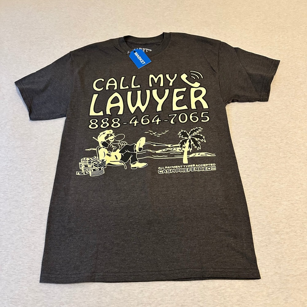 Market Mens Call My Lawyer‎ Graphic T-Shirt Charcoal Grey Medium NEW